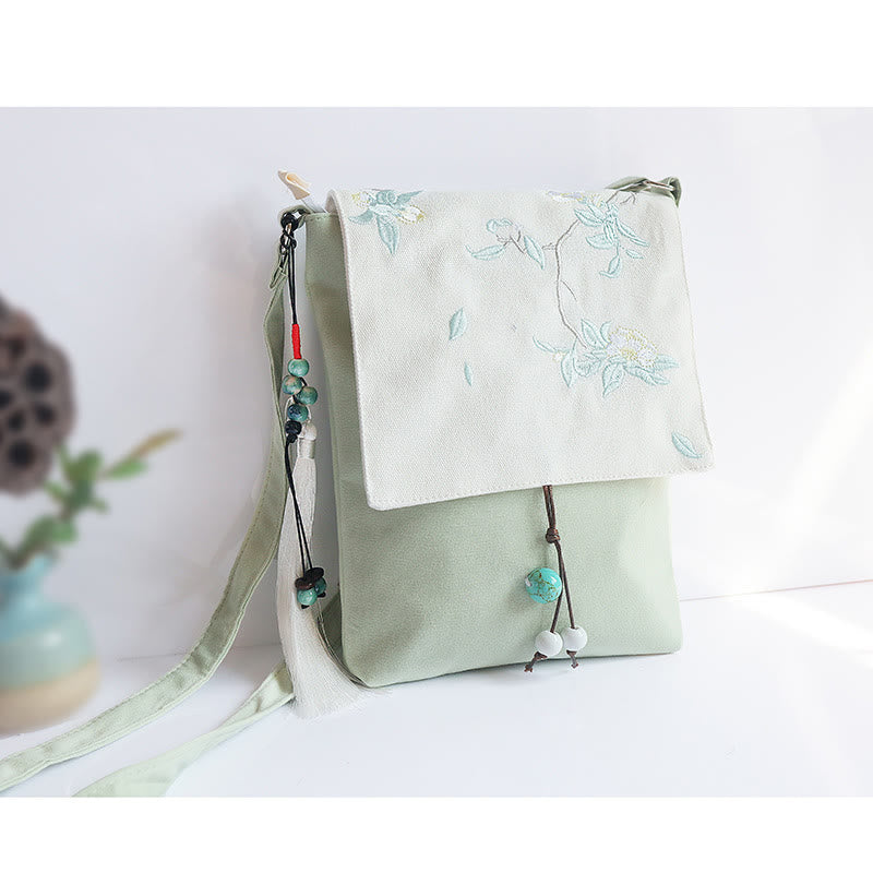 Buddha Stones Handmade Embroidered Plum Flowers Canvas Crossbody Bag Shoulder Bag Handbag - Green White Tea 20*23cm - image 16