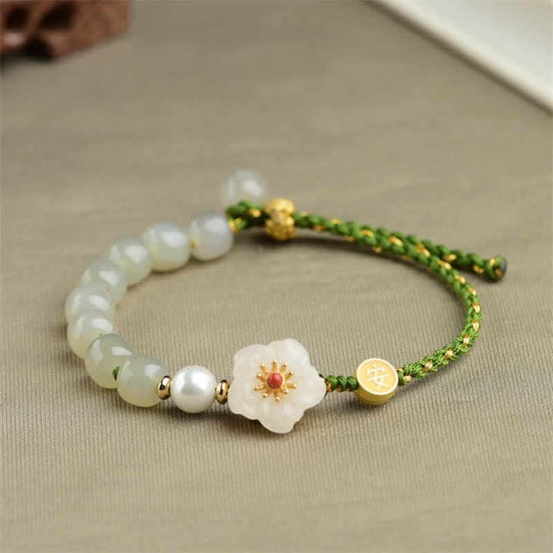 Buddha Stones 925 Sterling Silver Natural Hetian Jade Peach Blossom Luck Bracelet - image 3