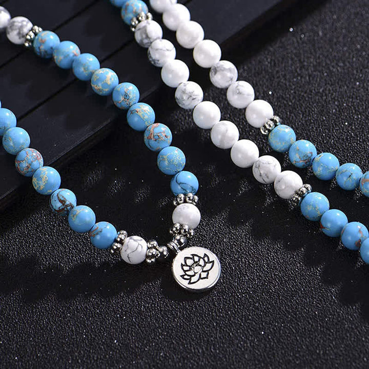 108 Mala Beads White Turquoise Emperor Stone Lotus Blessing Bracelet - image 4