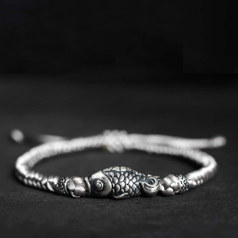 Buddha Stones Silver Luck Koi Fish Braided String Bracelet - Gray(Wrist Circumference 14-20cm) - image 11