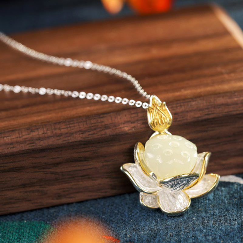 Buddha Stones White Jade Lotus Flower Happiness Necklace - image 4