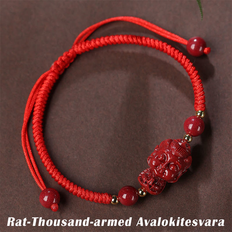 Buddha Stones Chinese Zodiac Natal Buddha Cinnabar Amulet Blessing String Bracelet - Rat-Thousand-armed Avalokitesvara(Wrist Circumference 16-19cm) - image 2