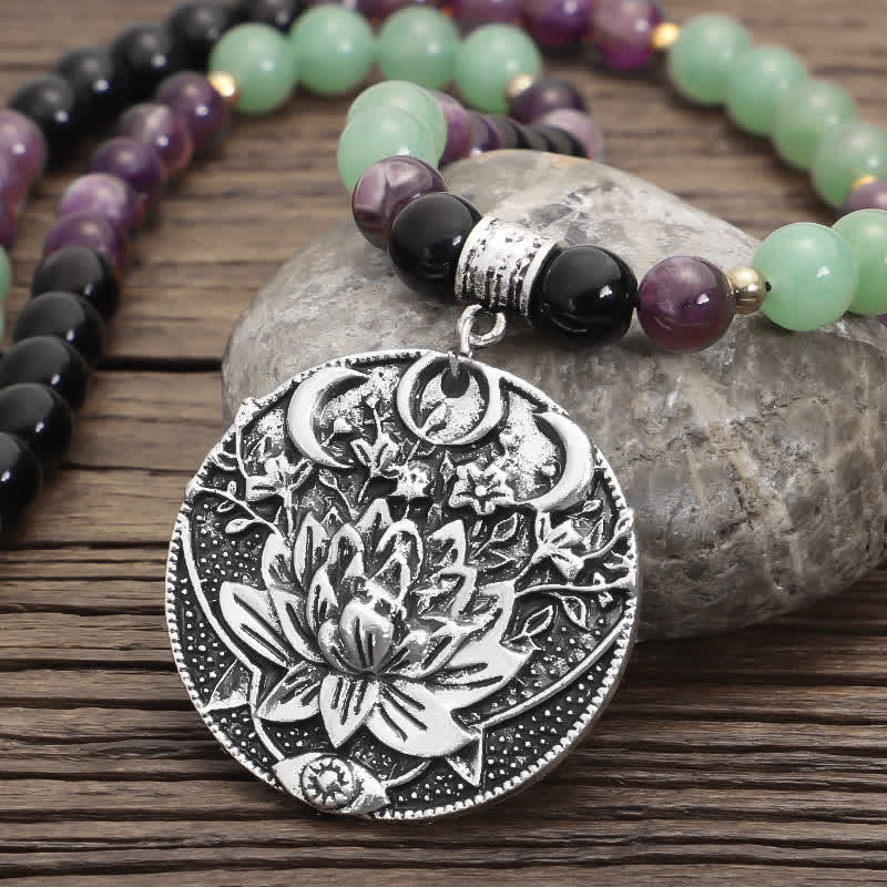 Buddha Stones 108 Mala Beads Amethyst Green Aventurine Lotus Meditation Bracelet - image 3