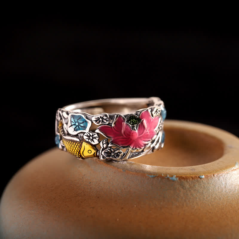 Buddha Stones 925 Sterling Silver Lotus Koi Fish Enlightenment Ring - image 1