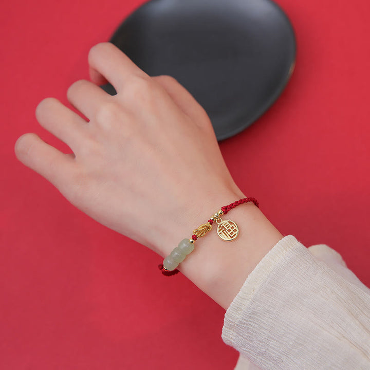 Buddha Stones Handcrafted Jade Bead Fu Character Charm Luck Red Rope Bracelet - image 4