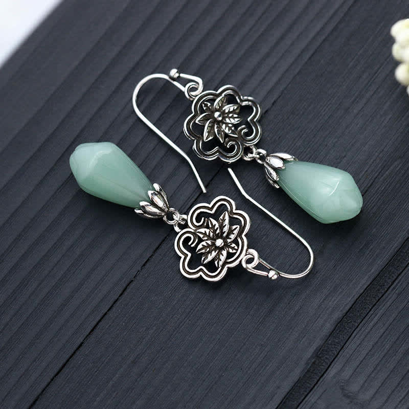 Buddha Stones Magnolia Flower Jade Water Drop Prosperity Dangle Earrings - image 3