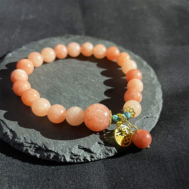 Buddha Stones Natural Orange Stone Turquoise Fu Character Charm Luck Fortune Bracelet - image 12