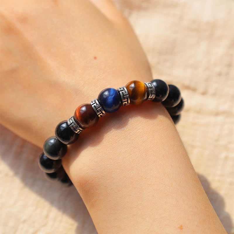 Natural Black Obsidian Tricolor Tiger Eye Strength Bracelet - image 8