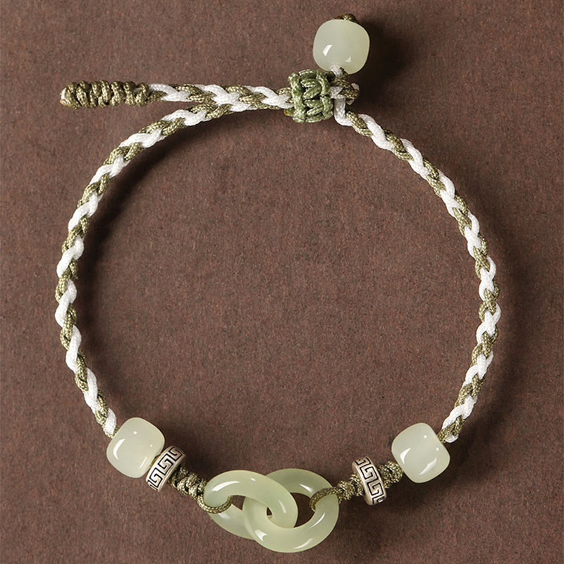 Buddha Stones Natural Hetian Jade Peace Buckle Luck Braided Bracelet - image 3
