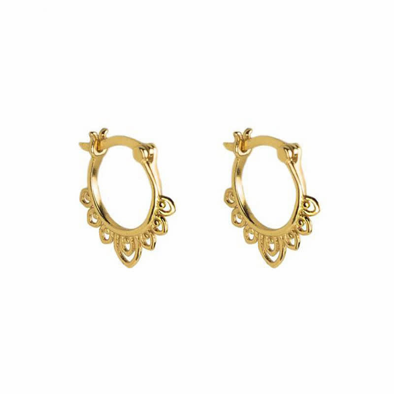 Round Lotus Flower Pattern Luck Hoop Earrings - Gold - image 0