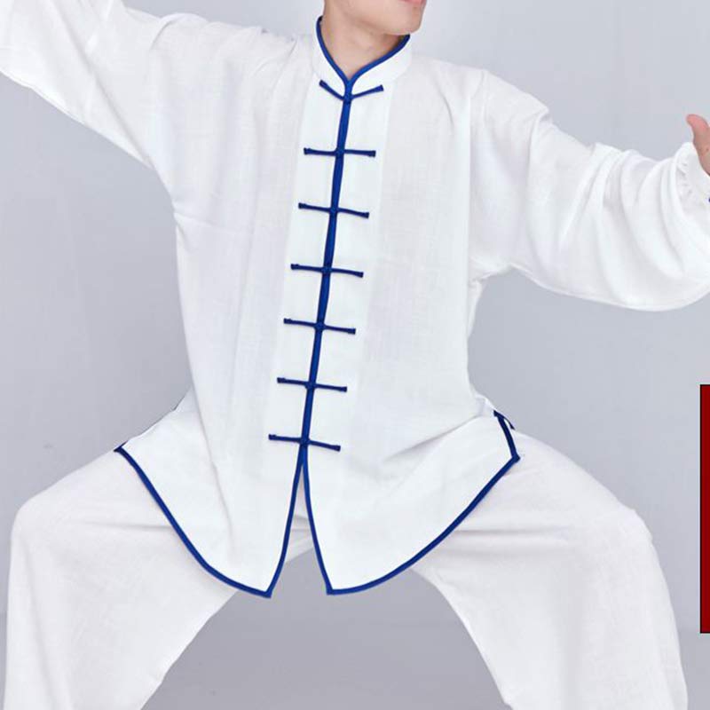 Buddha Stones Meditation Zen Prayer Spiritual Tai Chi Qigong Practice Unisex Embroidery Clothing Set - White + Blue Edge Long Sleeve - US14，UK/AU18，EU46 (3XL) - image 10