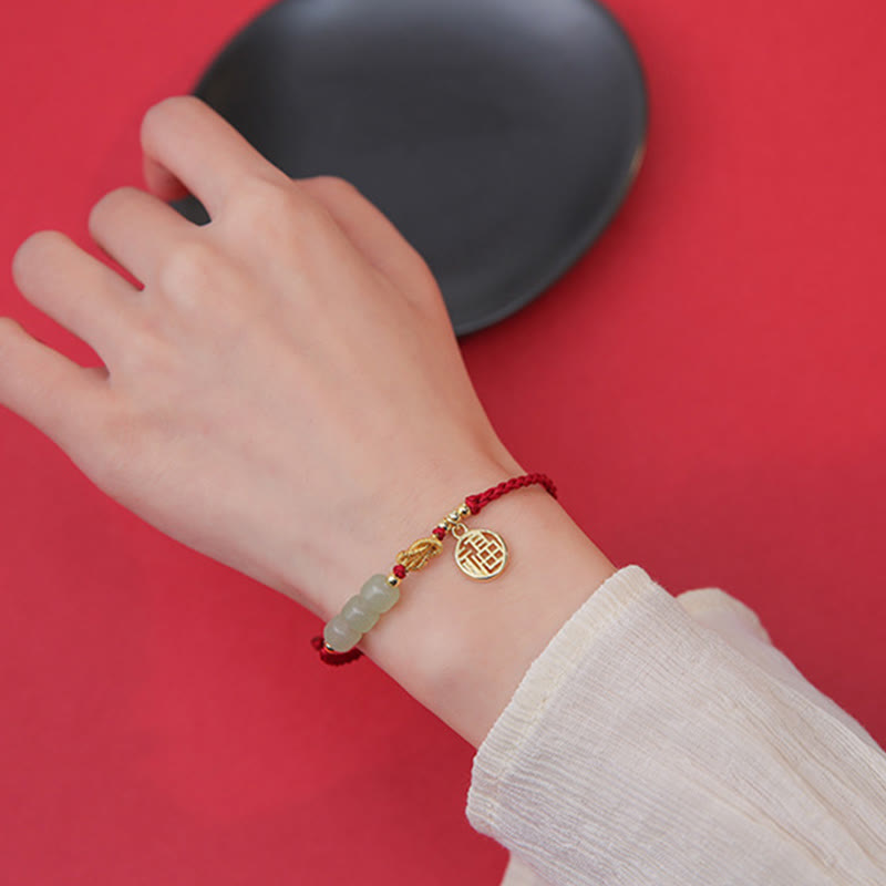 Buddha Stones Handcrafted Jade Bead Fu Character Charm Luck Red Rope Bracelet - image 12