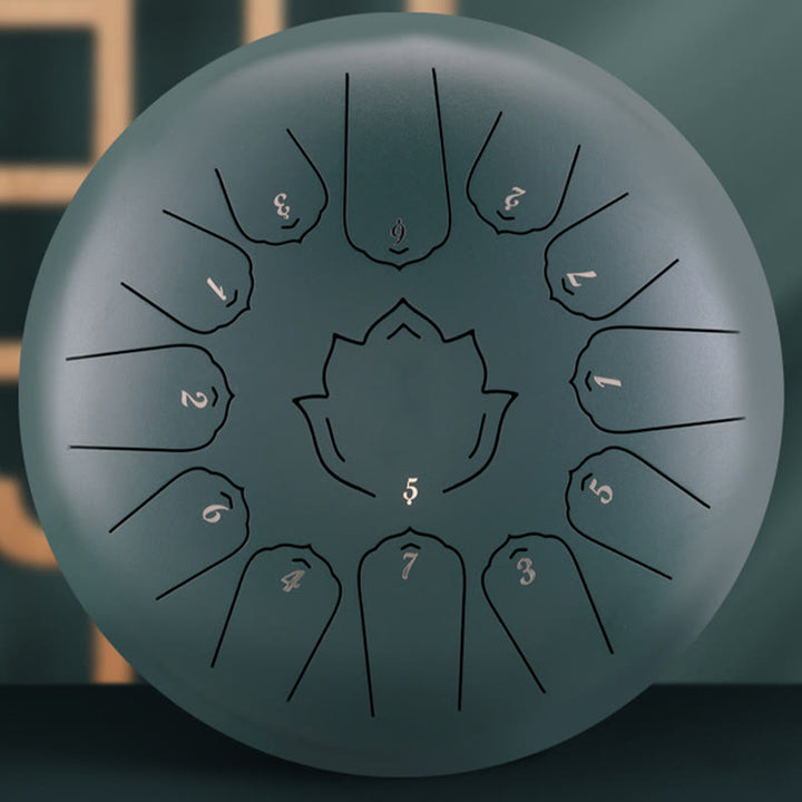 Buddha Stones Steel Tongue Drum Sound Healing Mindfulness Lotus Pattern Yoga Drum Kit 13 Note 12 Inch Percussion Instrument - DarkGreen - image 8