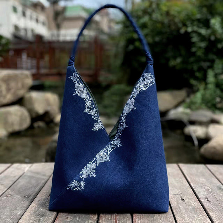 Buddha Stones Handmade Embroidery Pattern Canvas Shoulder Bag Tote Bag Set - Blue Flower - image 0