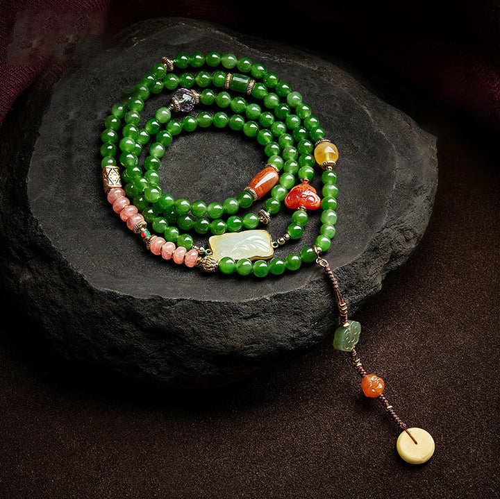 Buddha Stones 108 Mala Beads Cyan Jade Red Agate Laughing Buddha Luck Bracelet - image 10