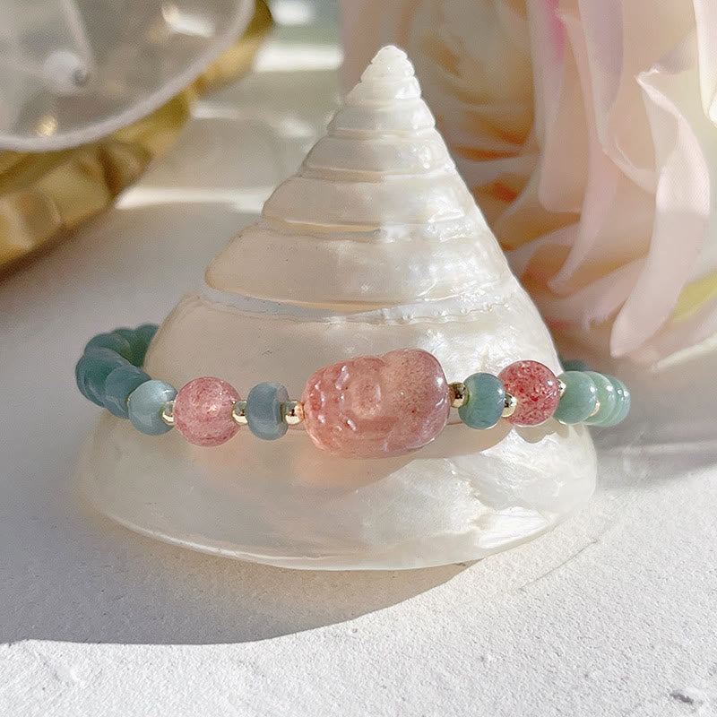 Buddha Stones Natural Hetian Jade Pearl Peace Buckle Fu Character Gourd Money Bag Strawberry Quartz PiXiu Luck Bracelet - image 12