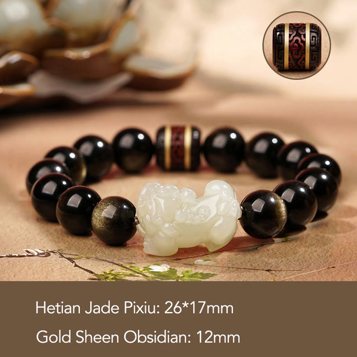 Buddha Stones Natural Gold Sheen Obsidian Hetian Cyan Jade White Jade PiXiu Wealth Bracelet - Gold Sheen Obsidian White Jade Pixiu 12mm(Men) - image 7