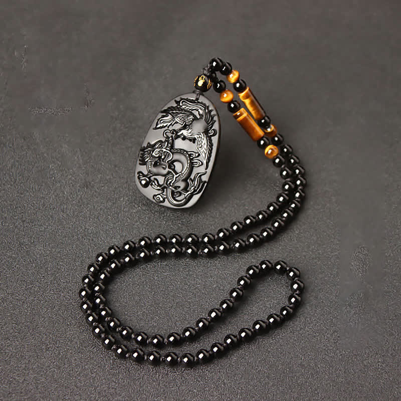 Buddha Stones Black Obsidian Tiger Eye Dragon Phoenix Protection Beaded Necklace Pendant - image 12