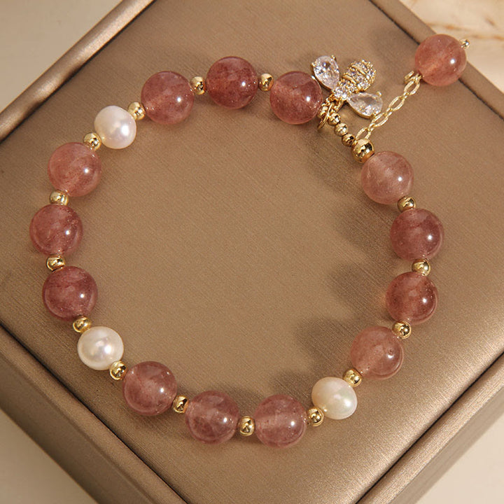 Buddha Stones Strawberry Quartz Pearl Cute Zircon Honeybee Positive Charm Bracelet - image 5
