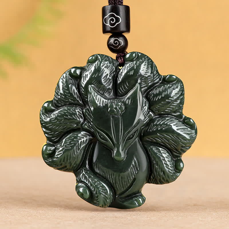 Hetian Cyan Jade Nine Tailed Fox Luck Necklace String Pendant - Hetian Cyan Jade (Success ♥ Healing) - image 0