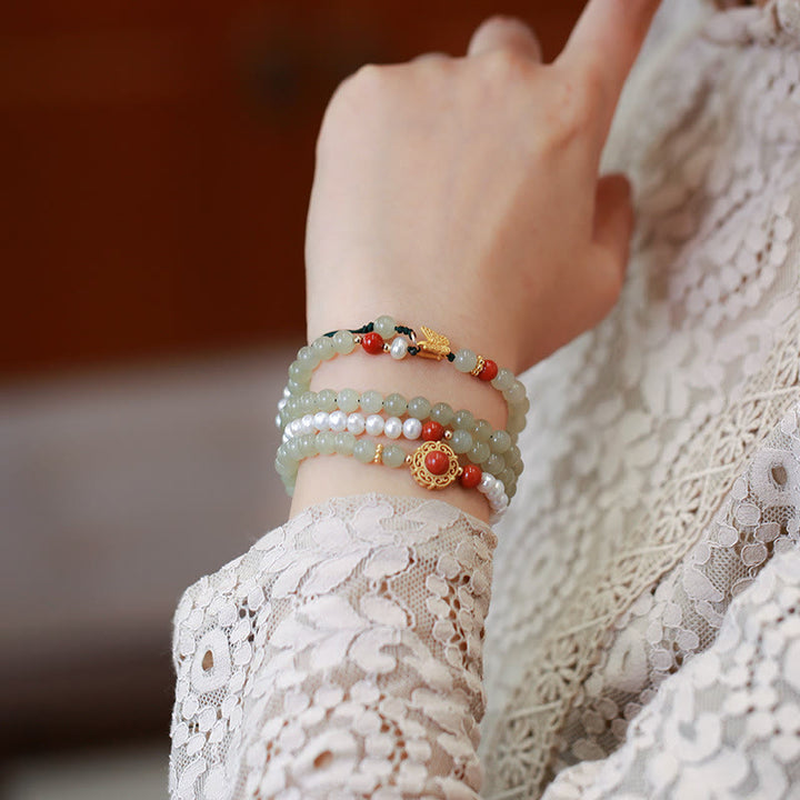 Buddha Stones 925 Sterling Silver Plated Gold Natural Hetian Jade Pearl Butterfly Gourd Luck Bracelet - image 1