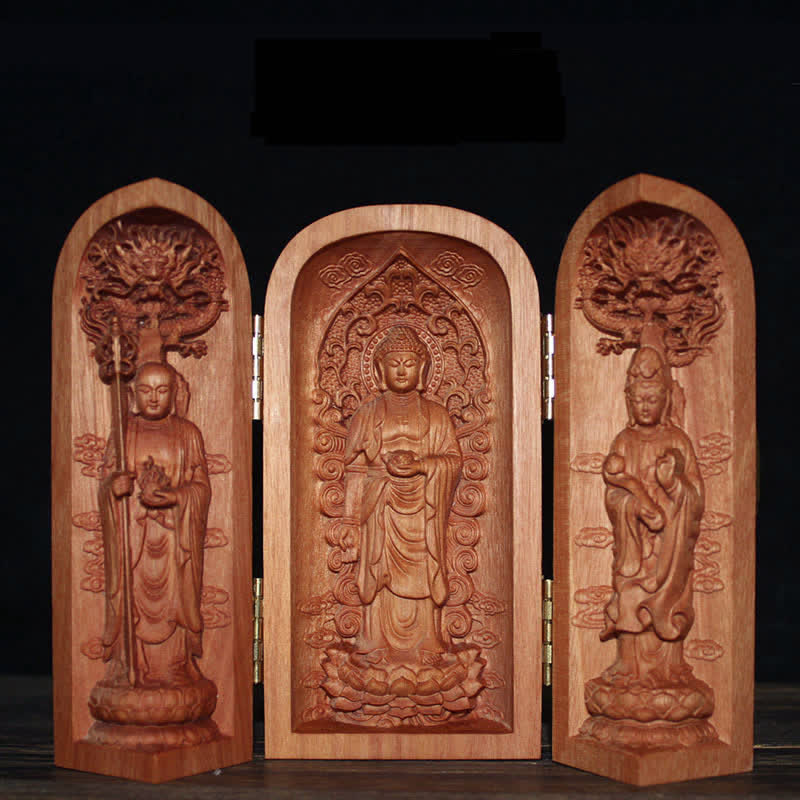 Avalokitesvara Kwan Yin Buddha Cherry Wood Compassion Home Decoration Altar - Sakyamuni Buddha&Avalokitesvara&Ksitigarbha Bodhisattva - image 0