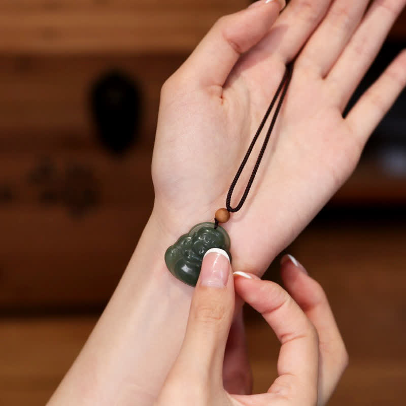 Buddha Stones Laughing Buddha Hetian Jade Healing Calm Necklace String Pendant - image 2