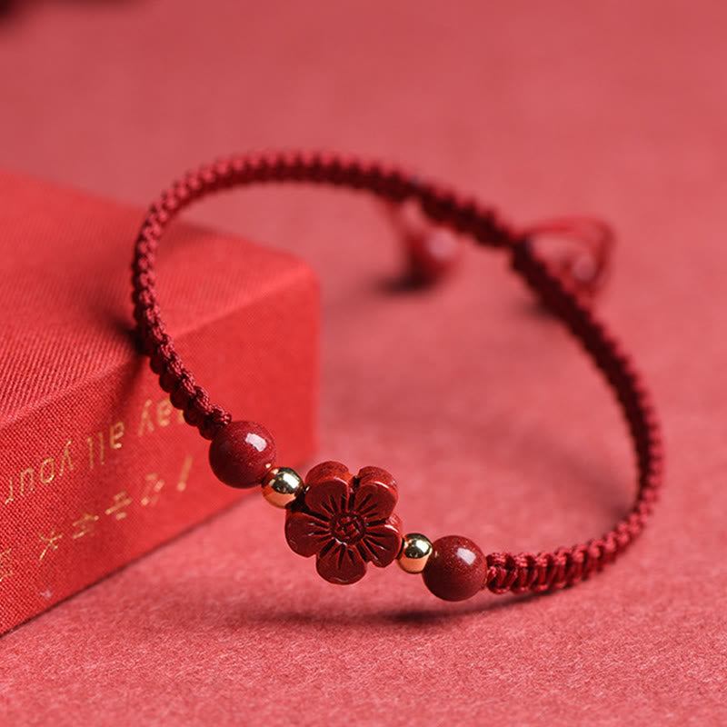 Buddha Stones Four Leaf Clover Five-petal Flower Cinnabar Blessing Red String Bracelet - image 12