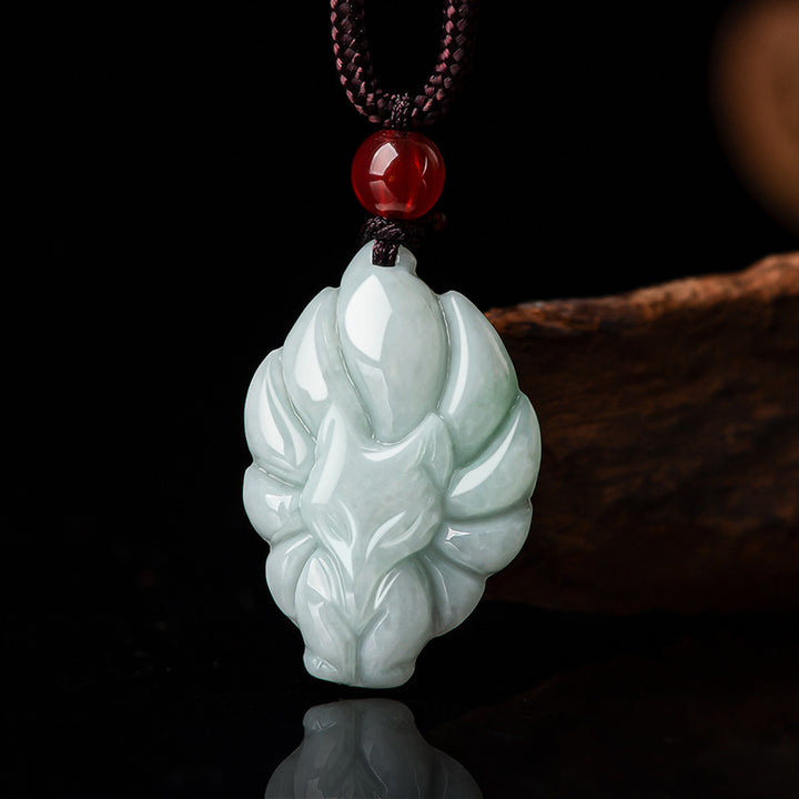 Buddha Stones Natural Jade Nine Tailed Fox Luck Prosperity Necklace Pendant - image 4