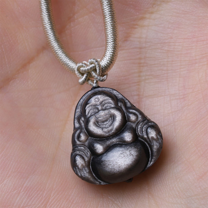 Buddha Stones Natural Silver Sheen Obsidian Laughing Buddha Protection Necklace Pendant - image 2