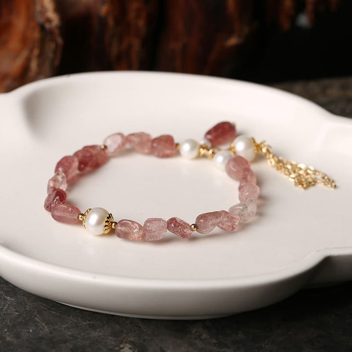Buddha Stones Natural Strawberry Quartz Pearl 14k Gold Plated Love Healing Bracelet - image 3