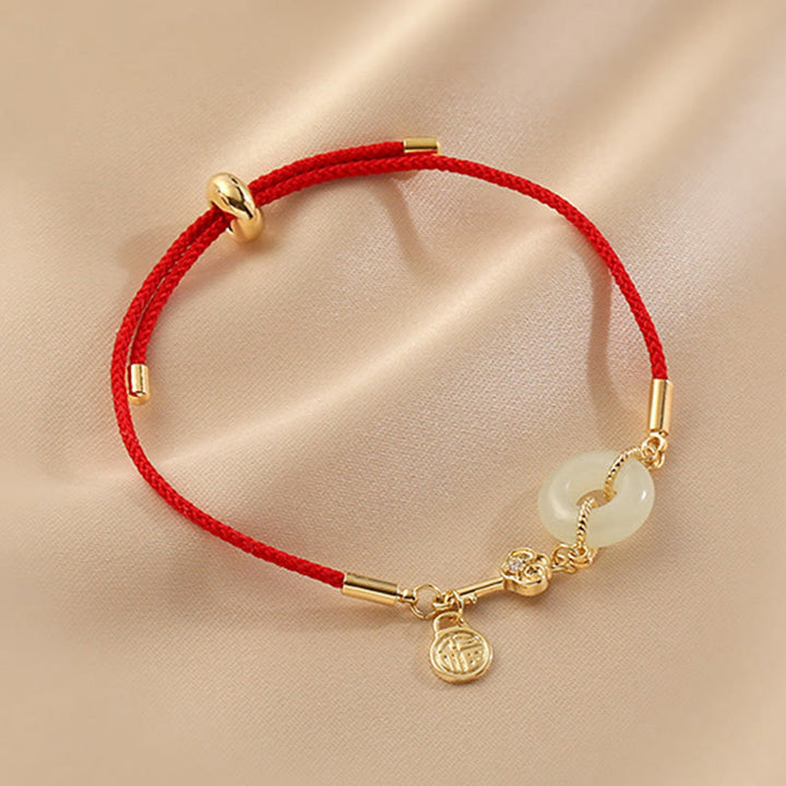 Buddha Stones 18K Gold Plated Hetian Jade Peace Buckle Fu Character Luck Red Rope Bracelet - image 2