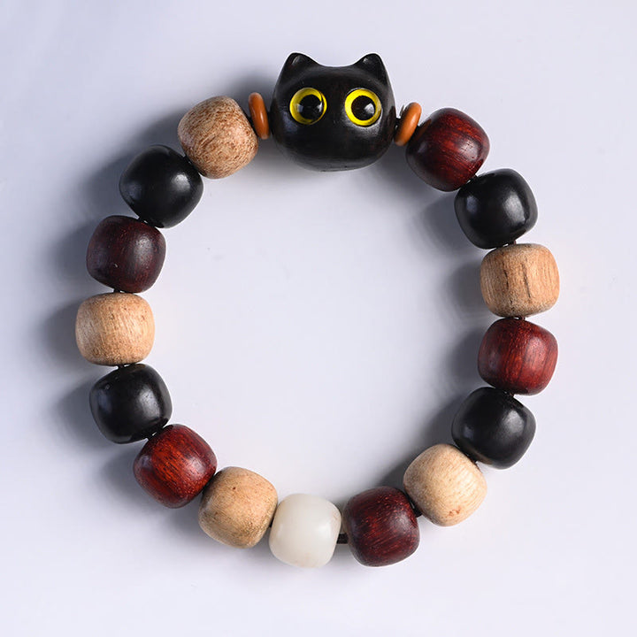 Buddha Stones Small Leaf Red Sandalwood Ebony Wood Cute Cat Engraved Protection Bracelet - image 3
