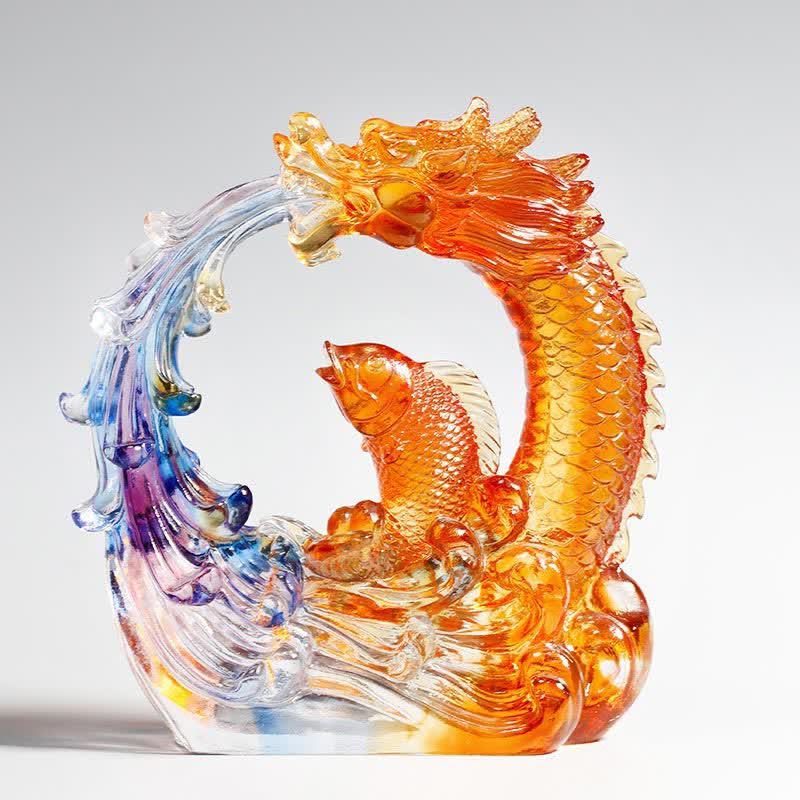 Buddha Stones Feng Shui Dragon Koi Fish Handmade Liuli Crystal Art Piece Home Office Decoration - Dragon&Koi Fish - image 0