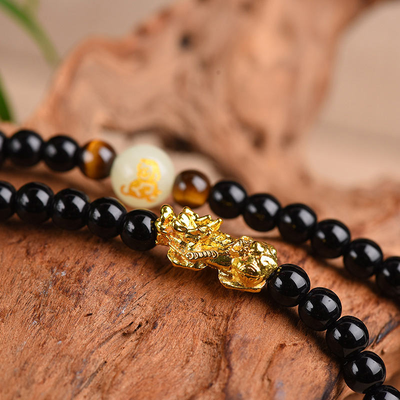 Buddha Stones Chinese Zodiac Obsidian PiXiu Protection Mala Bracelet - image 3