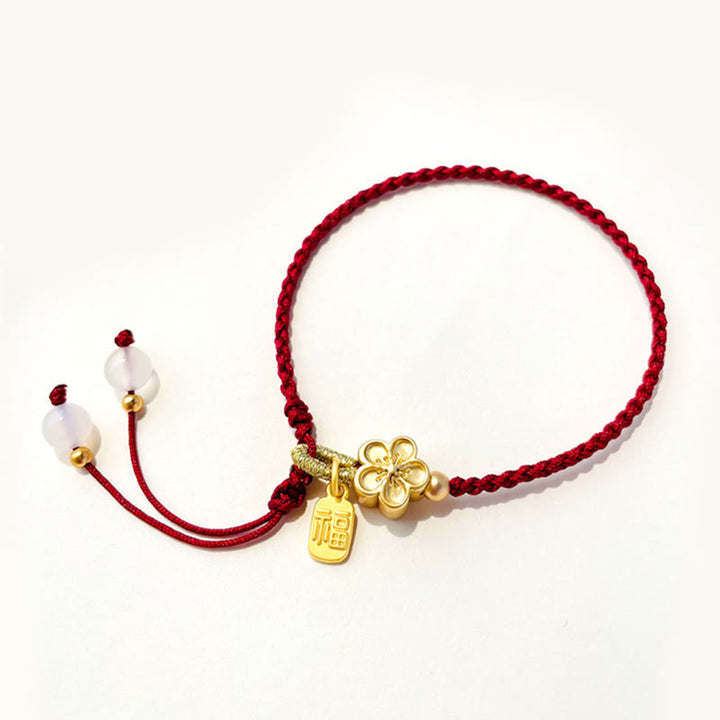 Buddha Stones Handmade Peach Blossom Rosette Bow Knot Fu Character Charm Luck Fortune Red Rope Bracelet - Peach Blossom(Wrist Circumference 14-17cm) - image 1
