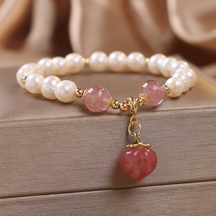 Buddha Stones Natural Pearl Strawberry Quartz Peach Love Heart Wisdom Charm Bracelet - image 4