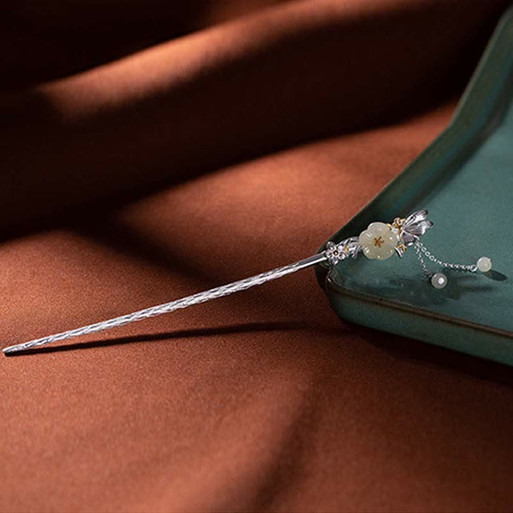 Buddha Stones 925 Sterling Silver Hetian White Jade Flower Blessing Hairpin - image 8