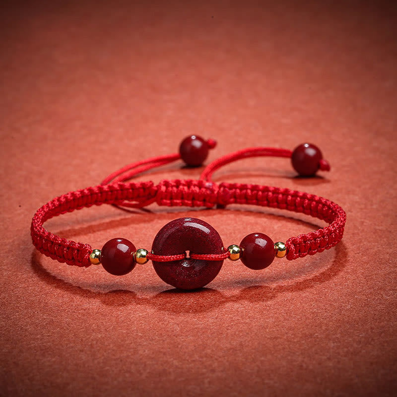 Buddha Stones Natural Cinnabar Peace Buckle Blessing String Bracelet - Red Rope(Wrist Circumference 14-18cm) - image 4
