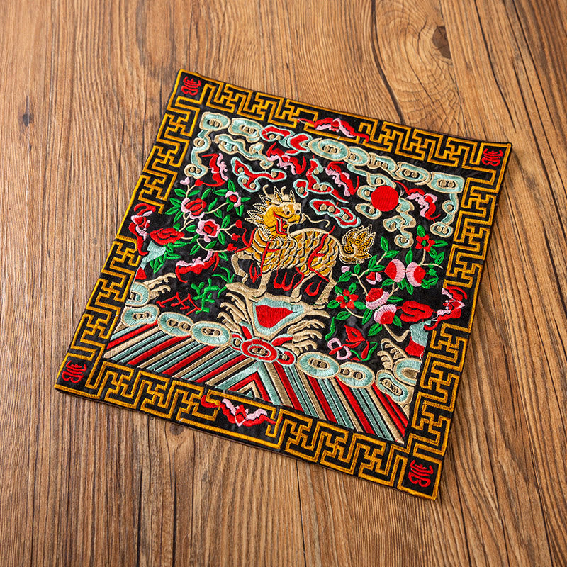 Buddha Stones Phoenix Dragon Kirin Embroidery Cup Mat Pad Tea Cup Coaster Kung Fu Tea Mat - Black Red Kirin - image 30