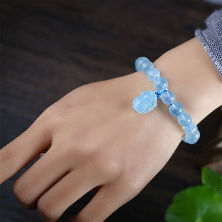 Buddha Stones Natural Aquamarine Amber Pixiu Peace Healing Charm Bracelet - image 2