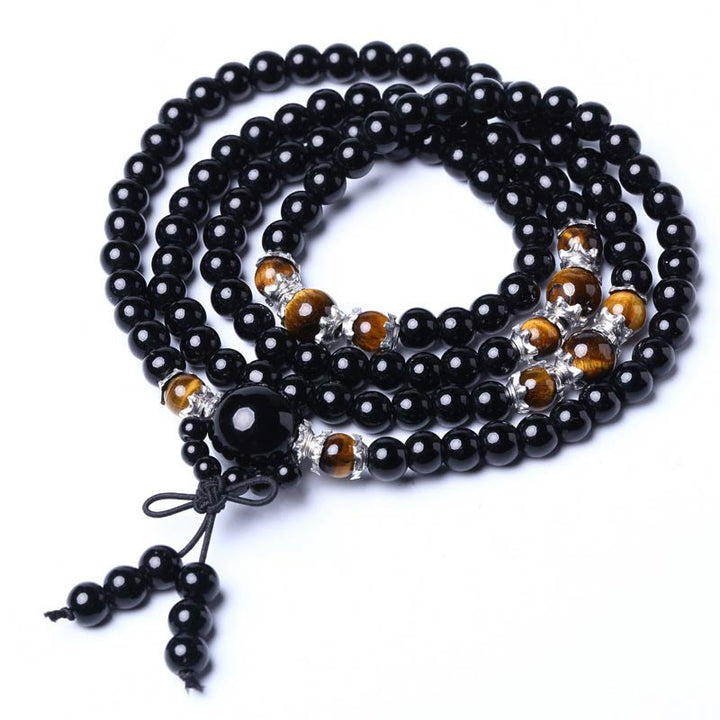 Buddha Stones 108 Beads Natural Black Obsidian Tiger Eye Mala Bracelet - image 10