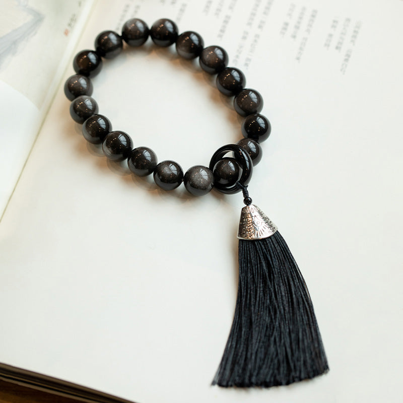 Buddha Stones Natural Silver Sheen Obsidian Black Obsidian Lion Wrist Mala Protection Tassels Pocket Mala Car Decoration - 14mm Black Obsidian - image 3