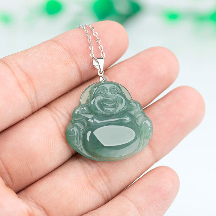 Buddha Stones Laughing Buddha Jade Protection Calm Titanium Steel Chain Necklace Pendant - image 3