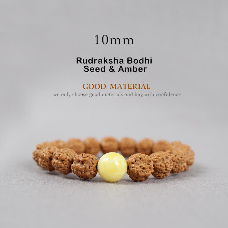 Buddha Stones Tibet Rudraksha Bodhi Seed Dzi Bead Amber Turquoise Wealth Bracelet - 10mm - Rudraksha Bodhi Seed & Amber - image 12