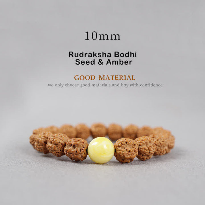 Buddha Stones Tibet Rudraksha Bodhi Seed Dzi Bead Amber Turquoise Wealth Bracelet - 10mm - Rudraksha Bodhi Seed & Amber - image 12
