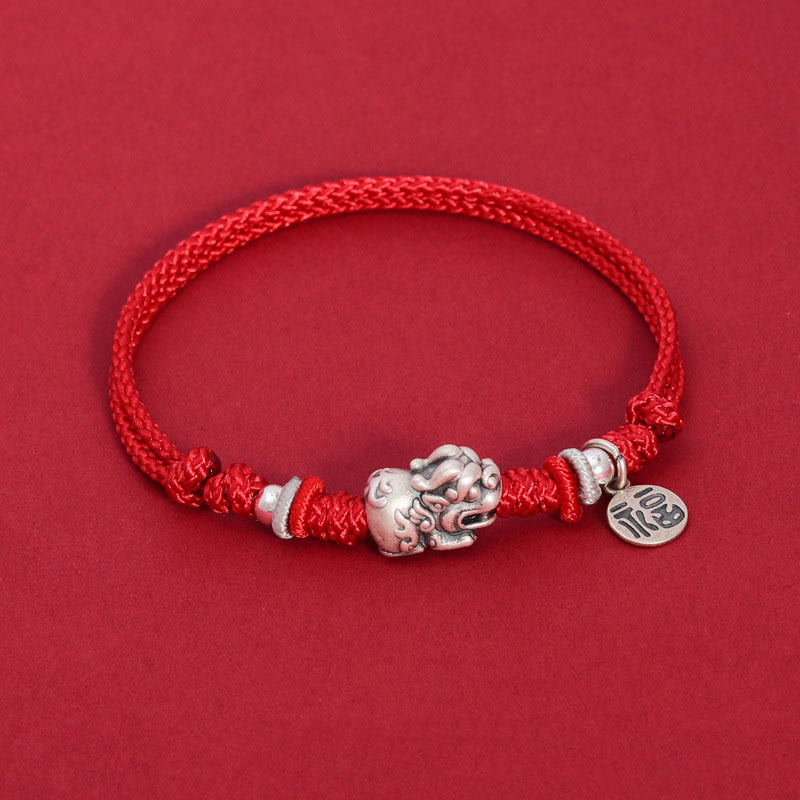 Buddha Stones 925 Sterling Silver PiXiu Fu Character Wealth Luck Handmade Braided Bracelet - Red Rope(Wrist Circumference 14-17cm) - image 1