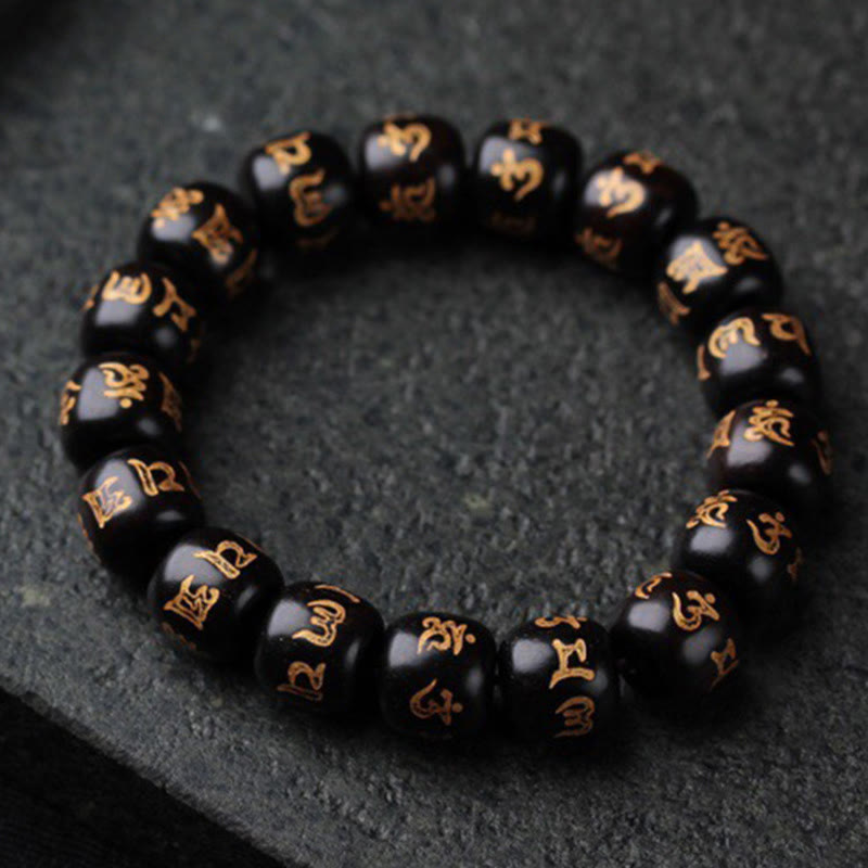 Buddha Stones Tibetan Ebony Wood Om Mani Padme Hum Engraved Peace Bracelet - image 1