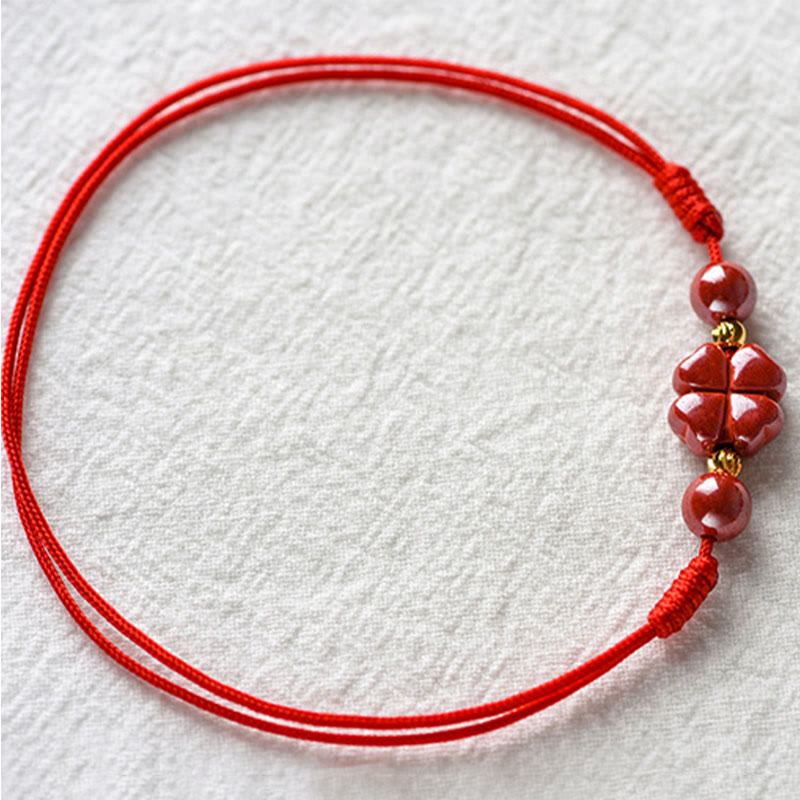 Buddha Stones Four Leaf Clover Cinnabar Blessing Calm String Bracelet Anklet - image 9