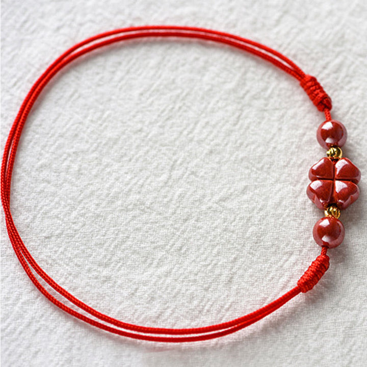 Buddha Stones Four Leaf Clover Cinnabar Blessing Calm String Bracelet Anklet - image 9